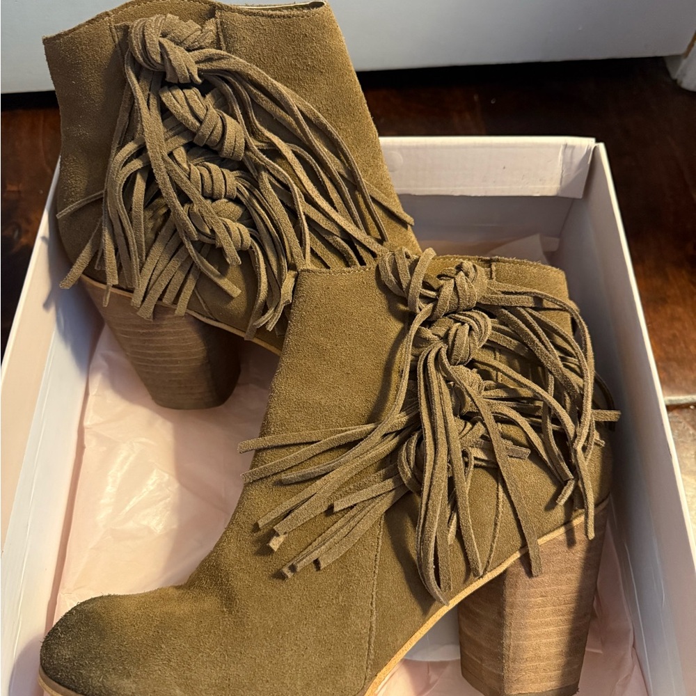 Fringe Suede Ankle Boots - Tan